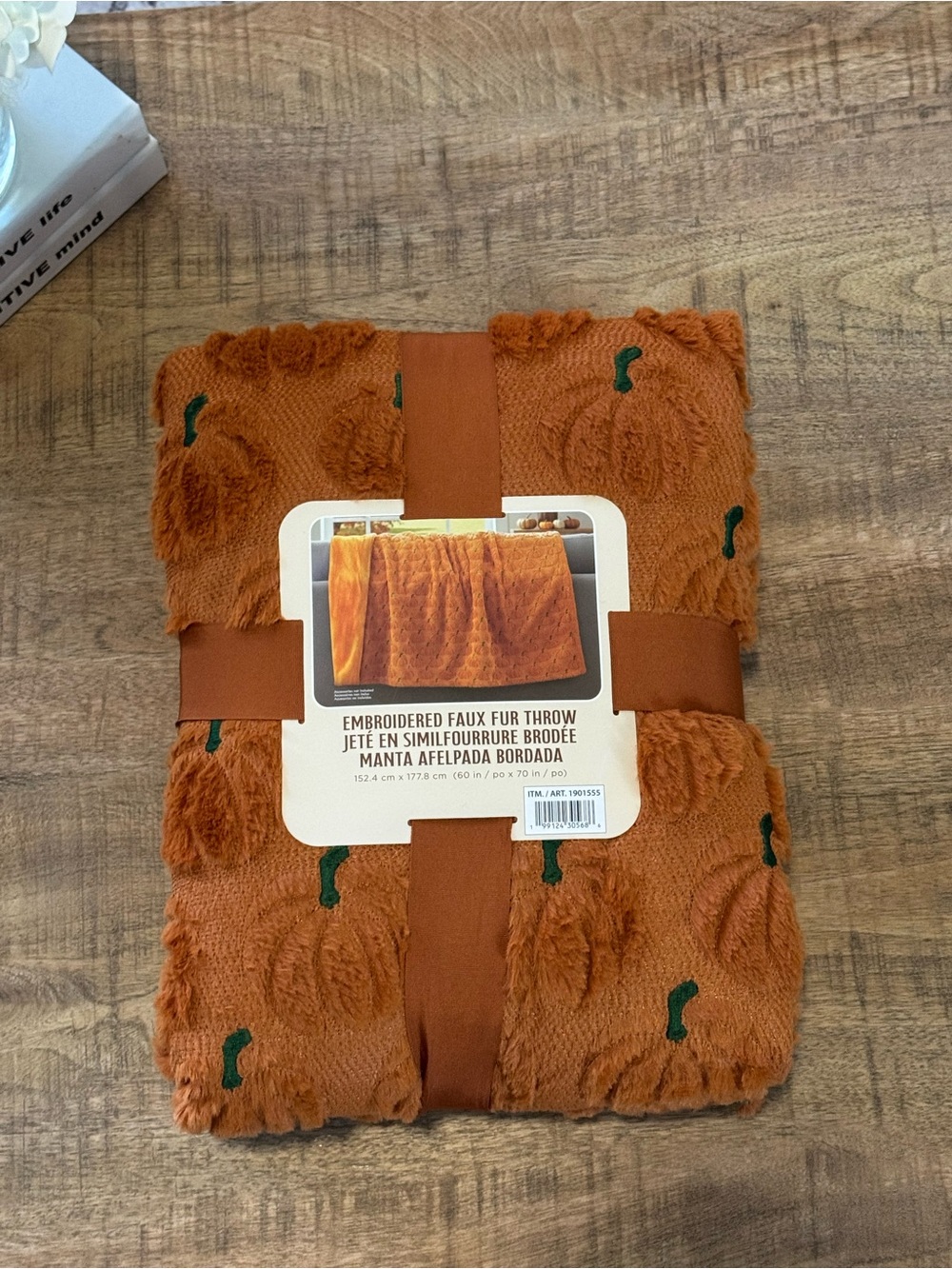 Costco TikTok viral Embroidered Faux Fur Pumpkin Throw - Orange with Green Stems